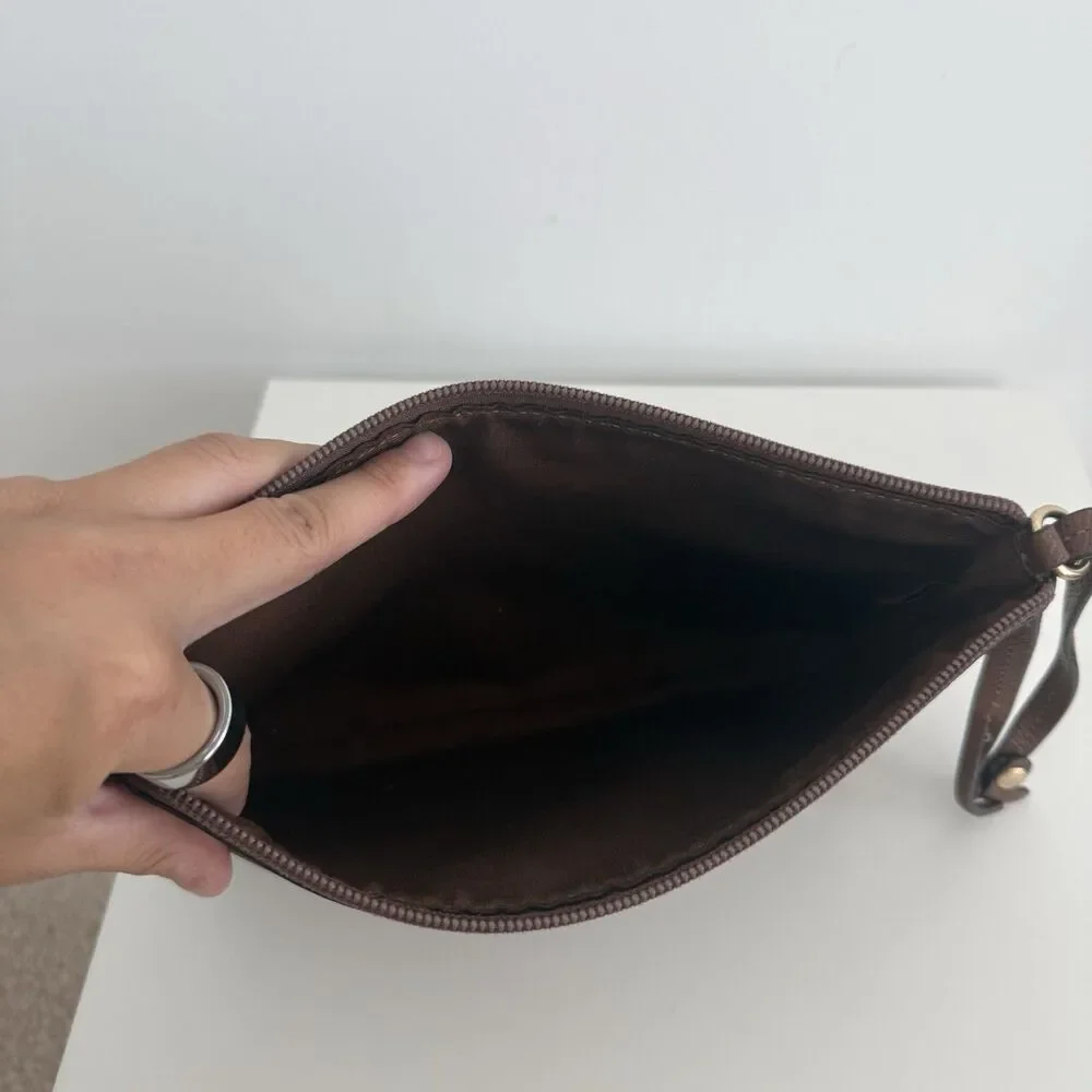 Coach Storypatch Badge Wristlet Pouch Wallet Clutch Brown Leather Classic